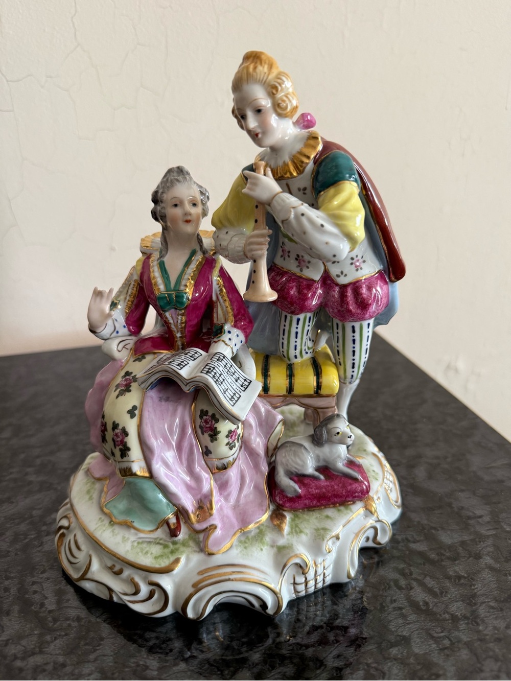 Vintage Porcelain Rococo Musician Couple Figurine in Pink, Yellow and White